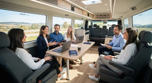 Interior de la van de JANA48 Express con un grupo de pasajeros trabajando durante el trayecto.