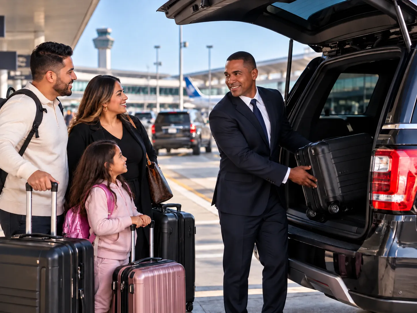 Familia cargando maletas en la van rumbo al aeropuerto.