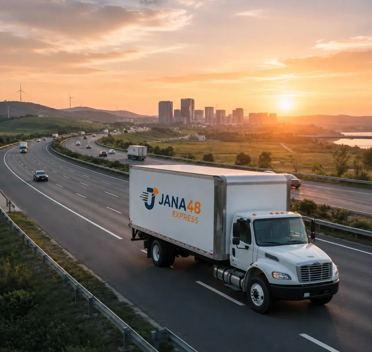 Camión de JANA48 Express recorriendo una autopista interestatal al atardecer, con el perfil de una ciudad de fondo.
