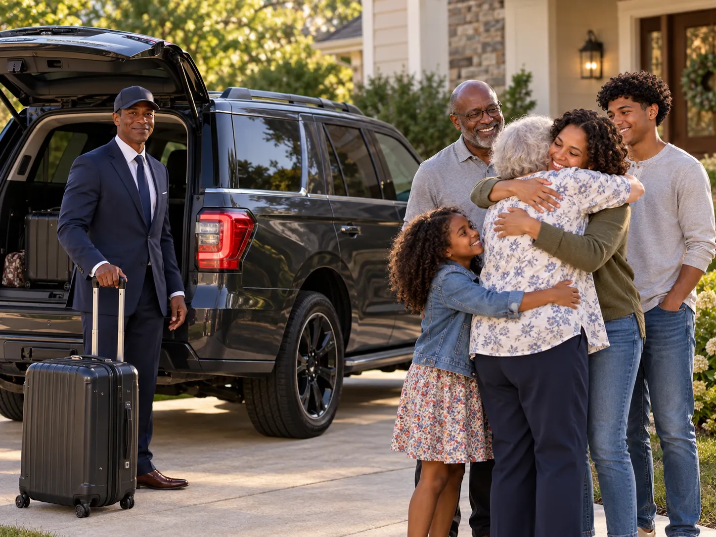 Familia recibiendo a un pasajero que llega en el vehículo.