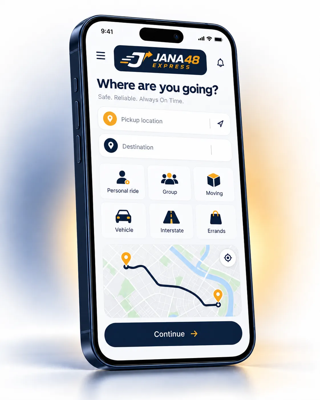 App de JANA48 Express con origen, destino, servicios disponibles y mapa de ruta.